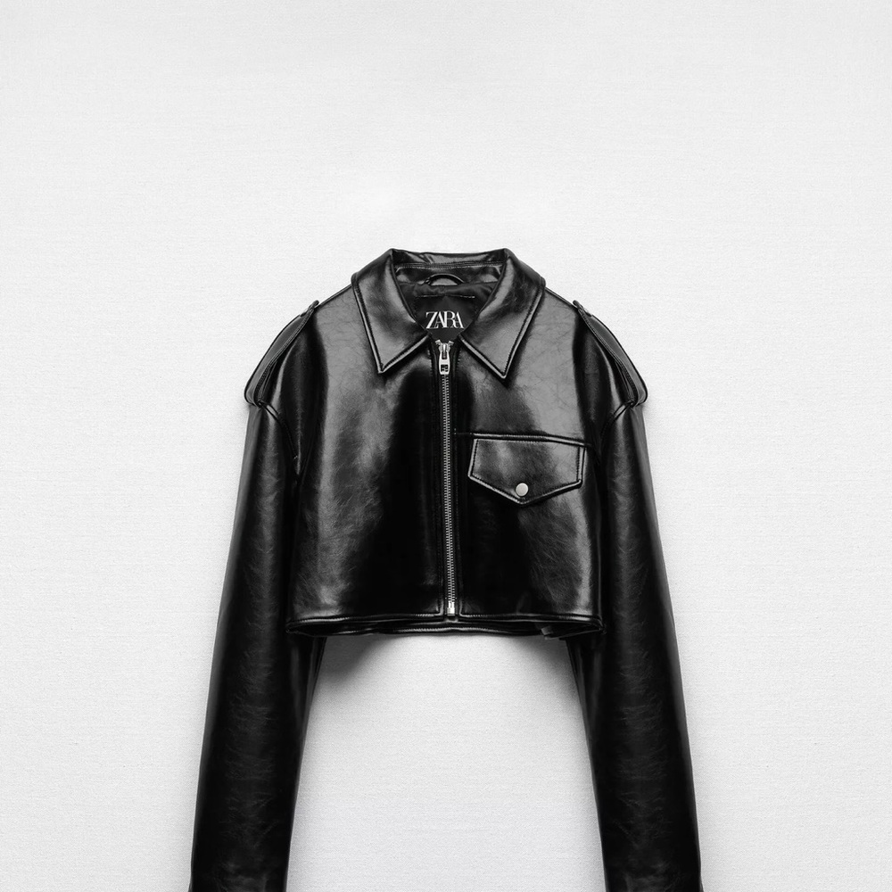 Zara Black Leather Motorcycle Jacket with Zippered Front